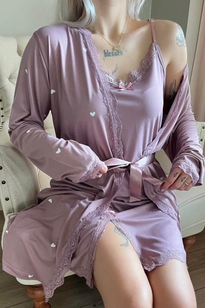 Lila Heart Desenli Sabahlıklı Gecelik Kadın Pijama Seti - 4