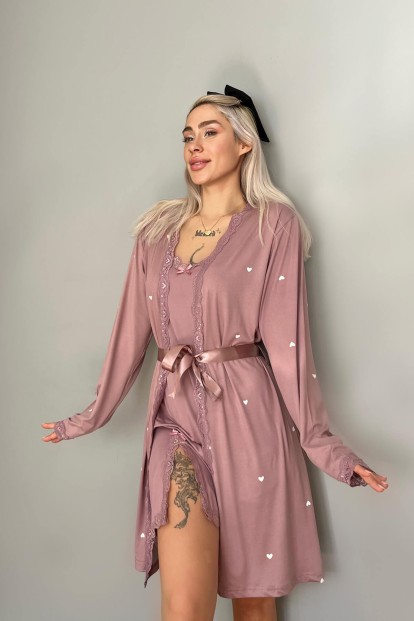 Lila Heart Desenli Sabahlıklı Gecelik Kadın Pijama Seti - 5