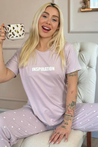 Lila Inspiration Desenli Bambu Kısa Kol Kadın Pijama Takımı 