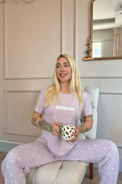 Lila Inspiration Desenli Bambu Kısa Kol Kadın Pijama Takımı - 2