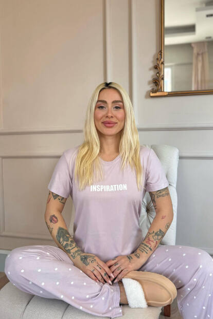 Lila Inspiration Desenli Bambu Kısa Kol Kadın Pijama Takımı - 3