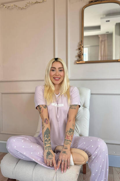 Lila Inspiration Desenli Bambu Kısa Kol Kadın Pijama Takımı - 4