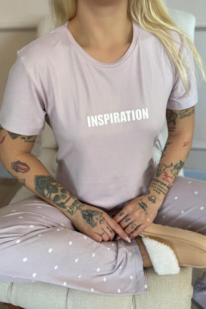 Lila Inspiration Desenli Bambu Kısa Kol Kadın Pijama Takımı - 5