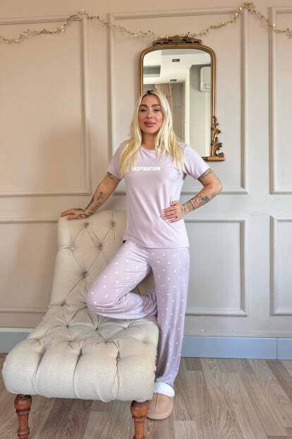 Lila Inspiration Desenli Bambu Kısa Kol Kadın Pijama Takımı - 6