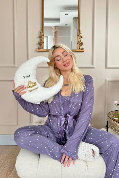 Lila Mini Yıldız Desenli Bambu Sabahlıklı Kadın Pijama Takımı - 3