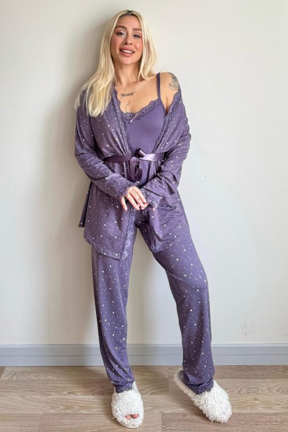 Lila Mini Yıldız Desenli Bambu Sabahlıklı Kadın Pijama Takımı - 6