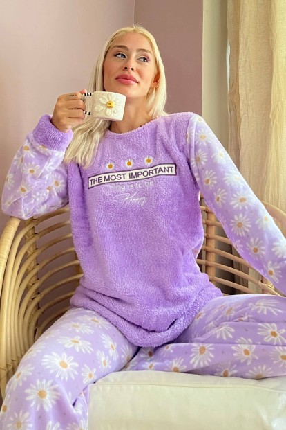 Lila Most Thing Desenli Kadın Peluş Pijama Takımı - Pijamaevi
