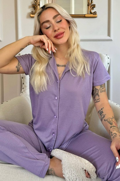 Lila Önden Düğmeli Kısa Kol Örme Kadın Pijama - Pijamaevi