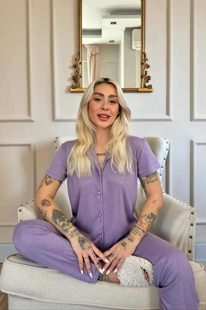 Lila Önden Düğmeli Kısa Kol Örme Kadın Pijama - 2