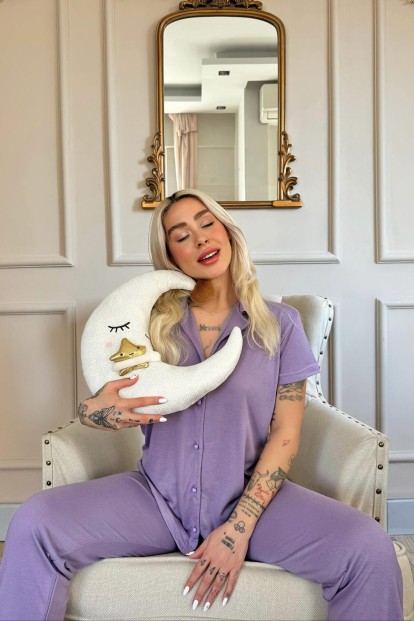 Lila Önden Düğmeli Kısa Kol Örme Kadın Pijama - 3