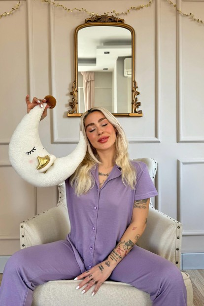 Lila Önden Düğmeli Kısa Kol Örme Kadın Pijama - 4