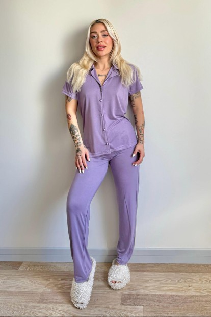 Lila Önden Düğmeli Kısa Kol Örme Kadın Pijama - 6