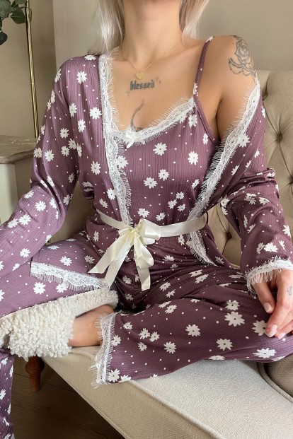 Lila Papatya Desenli Sabahlıklı Pegasus Pijama Takımı - 4