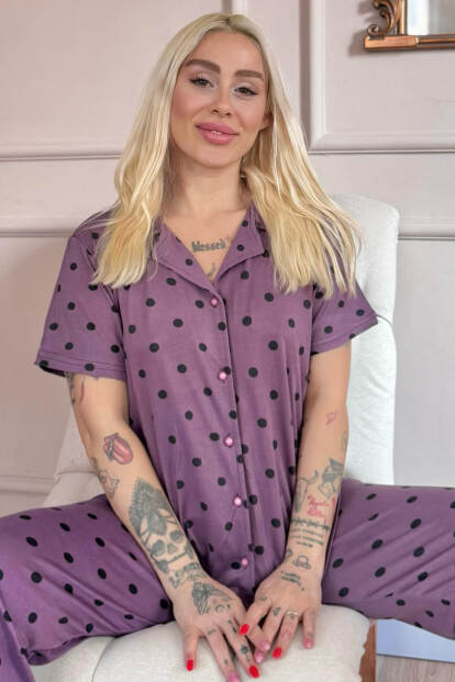 Lila Royal Dots Desenli Bambu Önden Düğmeli Kısa Kol Pijama Takımı 