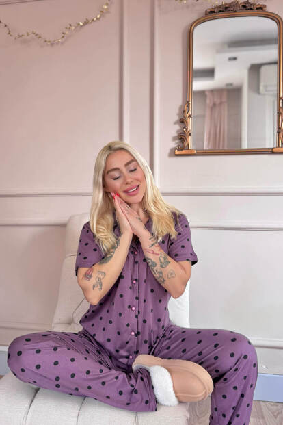 Lila Royal Dots Desenli Bambu Önden Düğmeli Kısa Kol Pijama Takımı - 2