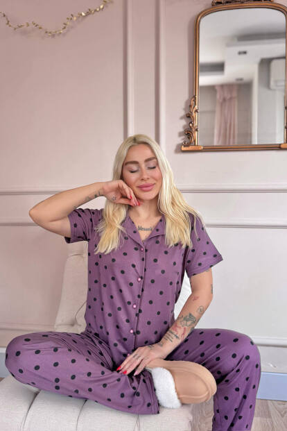 Lila Royal Dots Desenli Bambu Önden Düğmeli Kısa Kol Pijama Takımı - 4