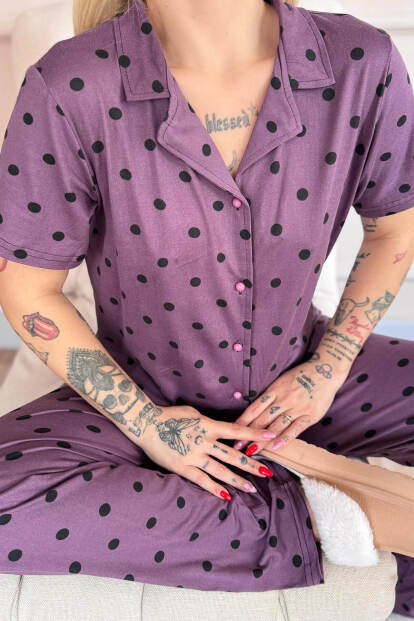 Lila Royal Dots Desenli Bambu Önden Düğmeli Kısa Kol Pijama Takımı - 5