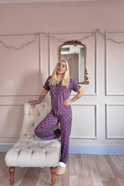 Lila Royal Dots Desenli Bambu Önden Düğmeli Kısa Kol Pijama Takımı - 6