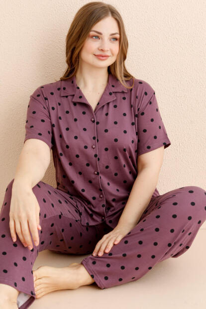 Lila Serene Dots Desenli Bambu Önden Düğmeli Kısa Kol Büyük Beden Battal Pijama Takımı 