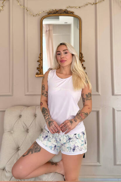 Lila Spring Flowers Desenli Sıfır Kol Şortlu Örme Kadın Pijama Takımı - 2
