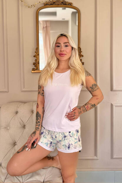Lila Spring Flowers Desenli Sıfır Kol Şortlu Örme Kadın Pijama Takımı - 4