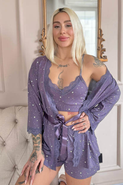 Lila Stars Desenli Bambu Crop Sabahlıklı Şortlu Kadın Pijama Takımı 