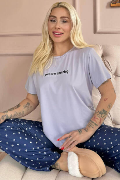 Lila You Are Amazing Desenli Kısa Kollu Örme Kadın Pijama Takımı 