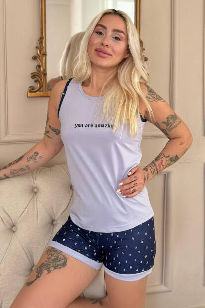 Lila You Are Desenli Sıfır Kol Şortlu Örme Kadın Pijama Takımı 
