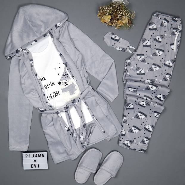 Little Bear Desenli Sabahlıklı Peluş Pijama Takımı - 3