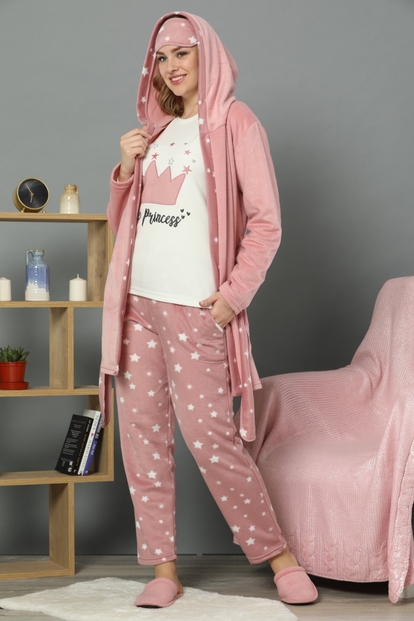 Little Princess Desenli Sabahlıklı Peluş Pijama Takımı - 1