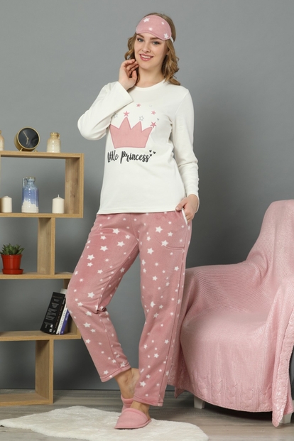 Little Princess Desenli Sabahlıklı Peluş Pijama Takımı - 2