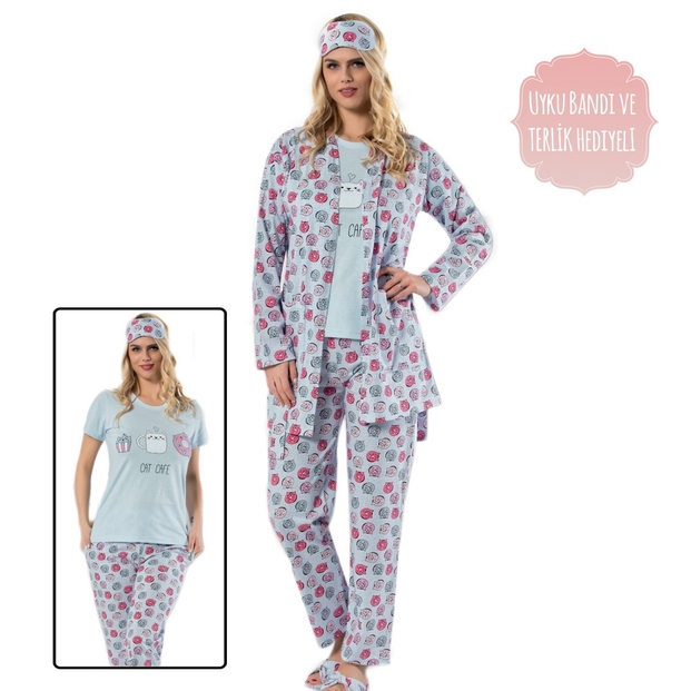 Mavi Cat Cafe Desenli Sabahlıklı Pijama Takımı - 1