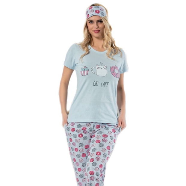 Mavi Cat Cafe Desenli Sabahlıklı Pijama Takımı - 2