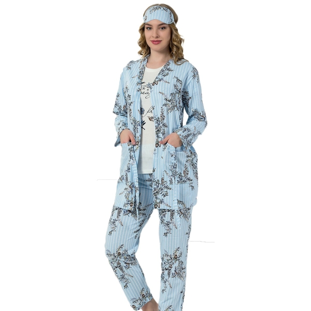 Mavi Çiçek Kuş Desenli Sabahlıklı Pijama Takımı - 1