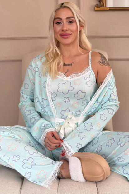 Mavi Çizgi Çiçek Desenli Sabahlıklı Pegasus Pijama Takımı 
