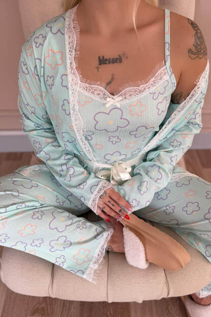 Mavi Çizgi Çiçek Desenli Sabahlıklı Pegasus Pijama Takımı - 6