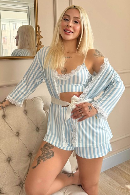 Mavi Çizgi Desenli Bambu Crop Sabahlıklı Şortlu Kadın Pijama Takımı 