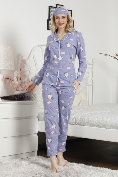 Mavi Desenli Önden Düğmeli Uzun Kollu Pijama Takımı - 2