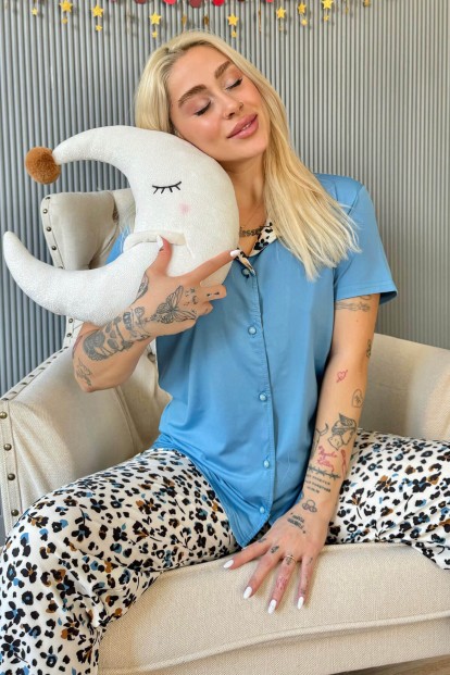 Mavi Florado Exclusive Önden Düğmeli Kısa Kollu Kadın Pijama Takımı 