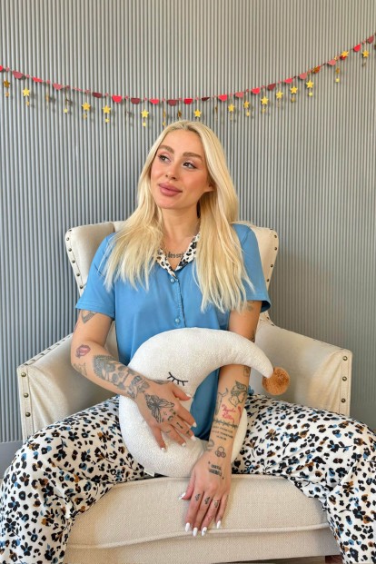 Mavi Florado Exclusive Önden Düğmeli Kısa Kollu Kadın Pijama Takımı - 2