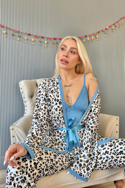 Mavi Flore Exclusive Örme Sabahlıklı Kadın Pijama Takımı - 5