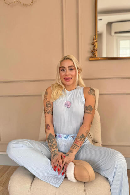 Mavi Marin Desenli Örme Sıfır Kol Kadın Pijama Takımı - 2