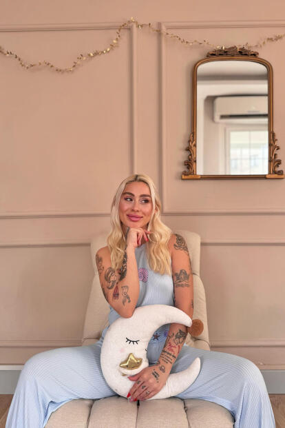 Mavi Marin Desenli Örme Sıfır Kol Kadın Pijama Takımı - 3