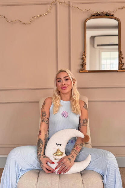 Mavi Marin Desenli Örme Sıfır Kol Kadın Pijama Takımı - 4