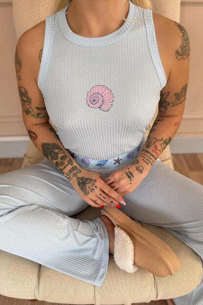 Mavi Marin Desenli Örme Sıfır Kol Kadın Pijama Takımı - 5
