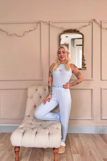 Mavi Marin Desenli Örme Sıfır Kol Kadın Pijama Takımı - 6