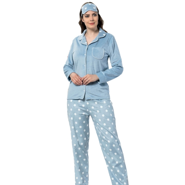 Mavi Puantiyeli Kadın Önden Düğmeli Yumoş Peluş Pijama Takımı - 1