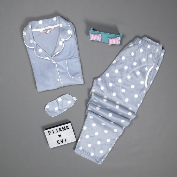 Mavi Puantiyeli Kadın Önden Düğmeli Yumoş Peluş Pijama Takımı - 2