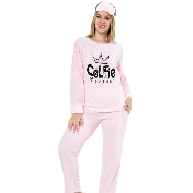 Mavi Selfie Desenli Kadın Peluş Pijama Takımı - 2