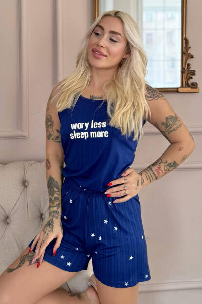 Mavi Sleep More Desenli Şortlu Marlenka Kadın Pijama Takımı 